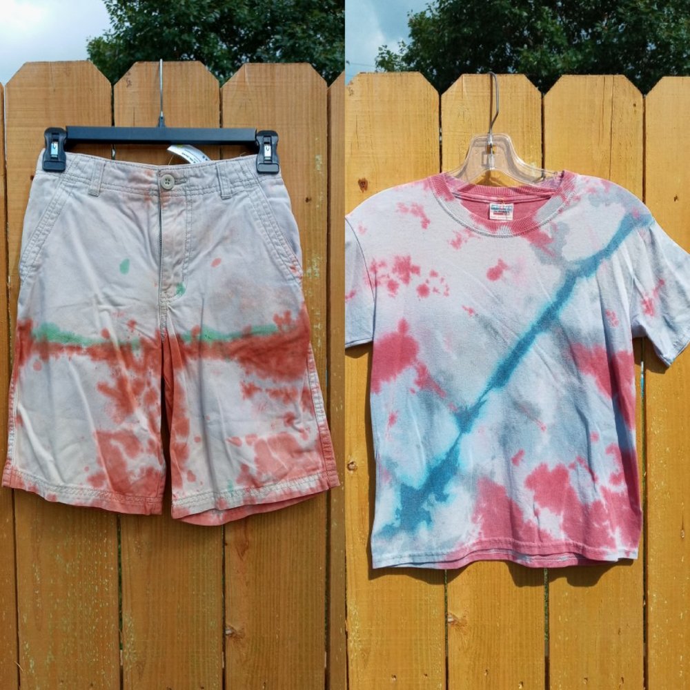 Tie Dye Bundle Boys Sz 8 T-Shirt Shorts 2 Pc Set Blue Red Green Orange Pre-owned
